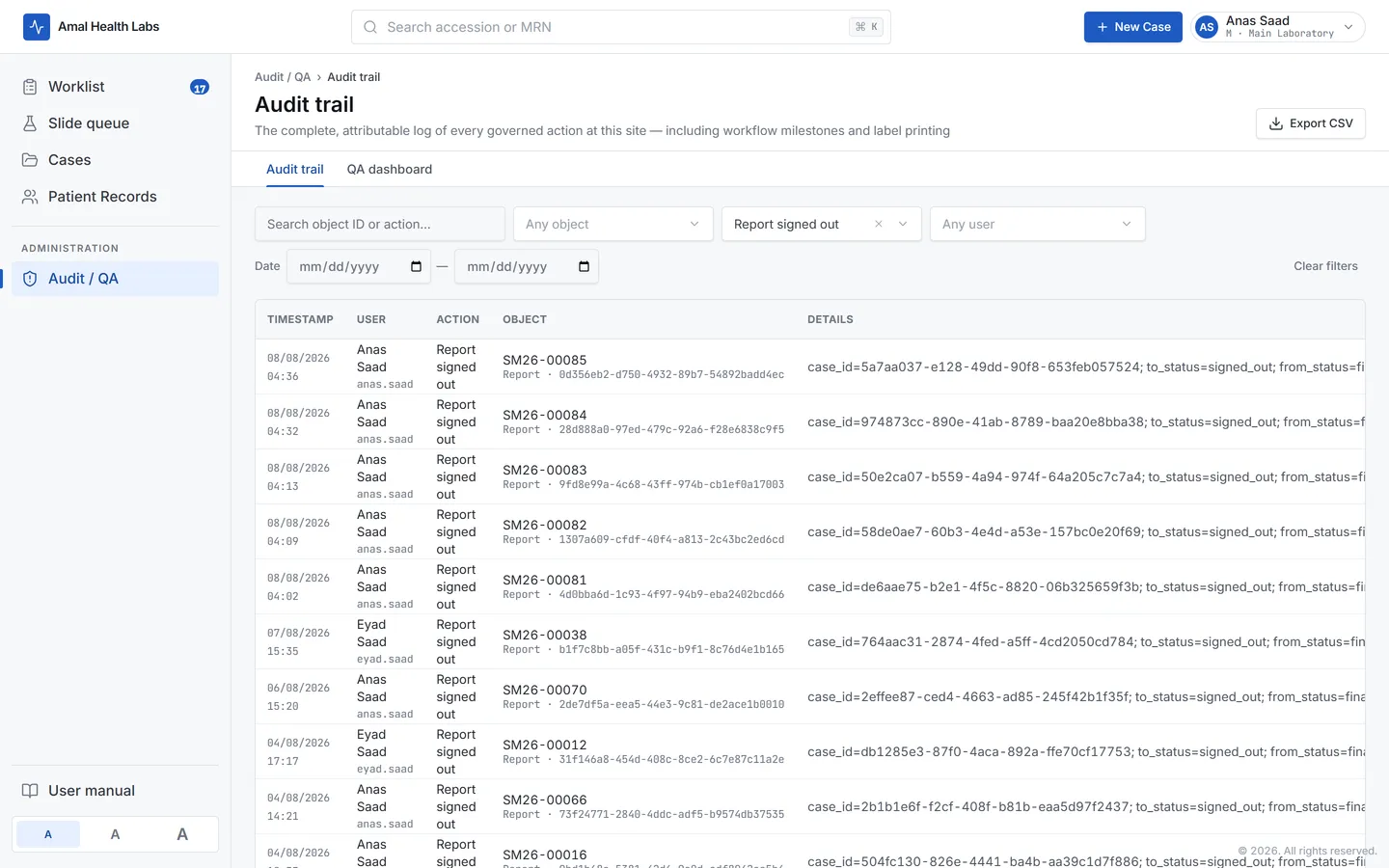 Audit trail listing recorded system events