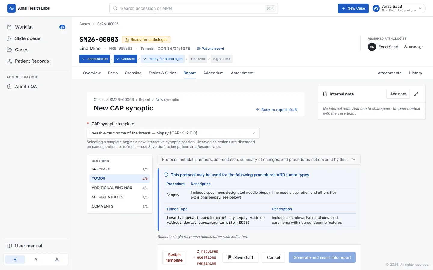 CAP synoptic protocol entry with per-section progress